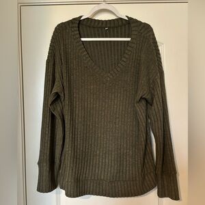 Olive V-Neck Ribbed Sweater